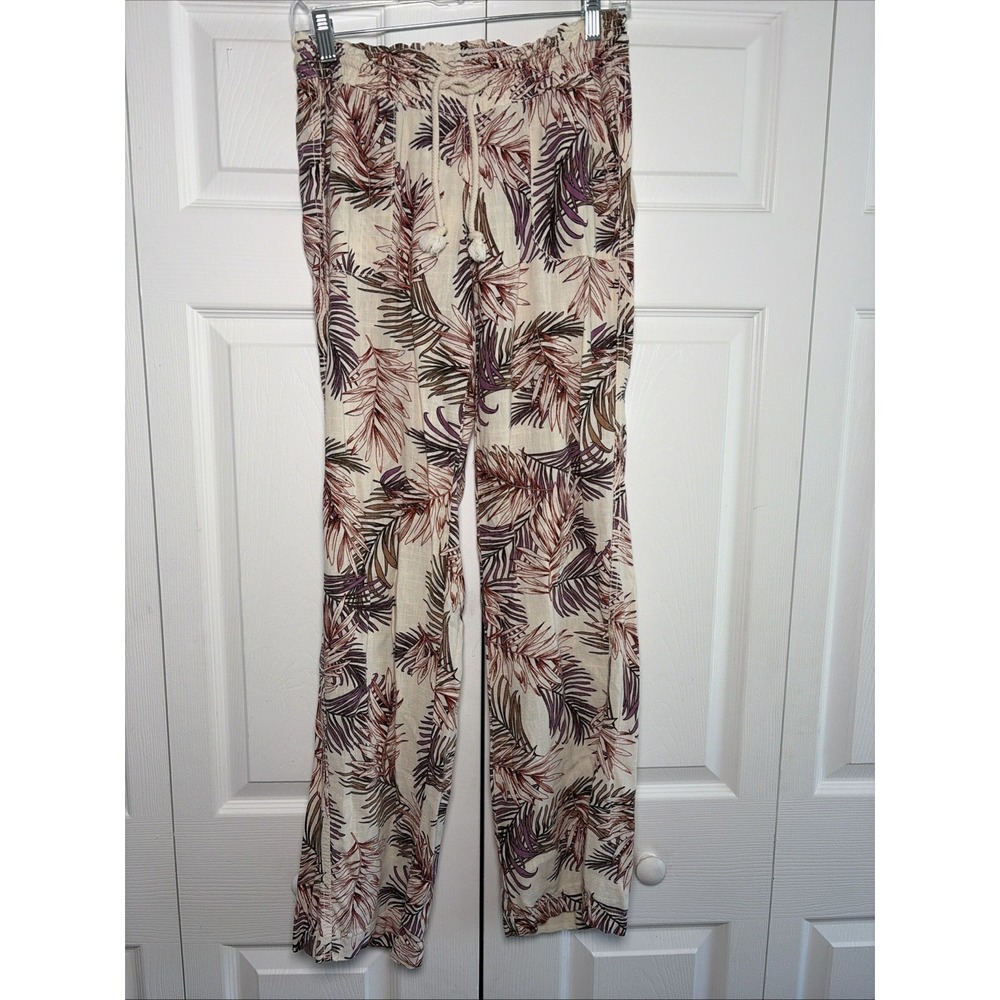 April Kiss Tropical Palm Print Linen Blend Pants Womens Size M Cream Purple Boho